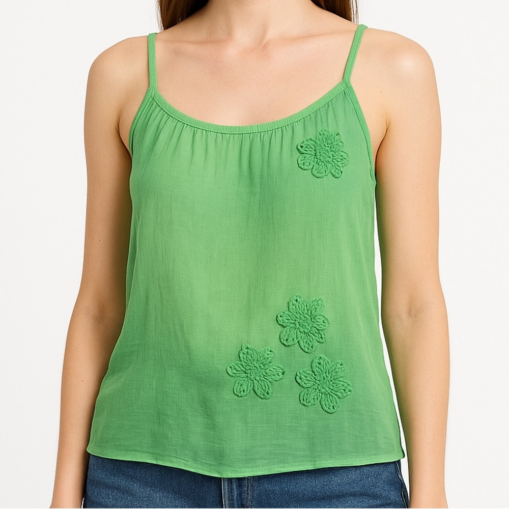 Da-Nang Green Flowy Camisole Floral Appliqué Silk Cotton Tank NWT